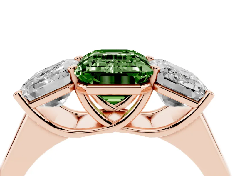 Emerald Cut Three Stone Engagement Ring Setting for a Fancy Green Lab-Grown Diamond | Basket Prong Heads | Rose Gold