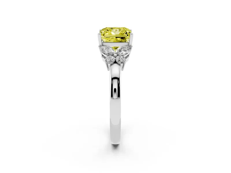 Fancy Yellow Princess Cut Diamond Solitaire Floral Ring Set in Silver with Marquise Petals and Prong Setting