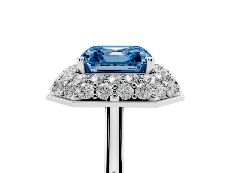 Asscher Cut Pave Halo Engagement Ring Setting for a Fancy Blue Lab-Grown Diamond | Slim Plain Band | Sterling Silver