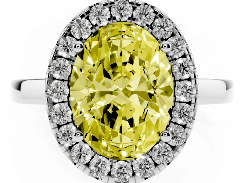 Fancy Yellow Oval Cut Diamond Halo Solitaire Ring Set in White gold with Pavé Band and Prong Setting