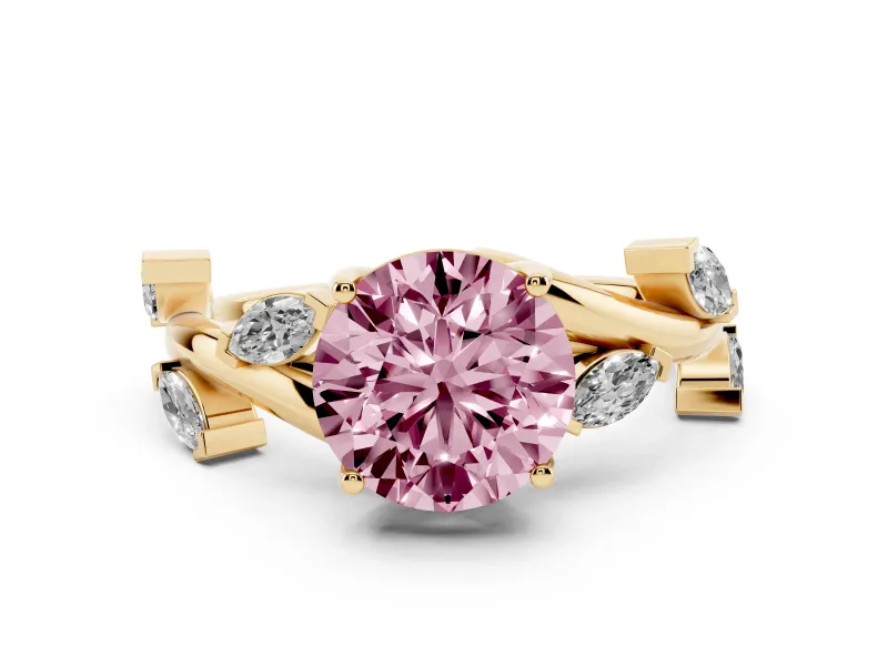Fancy Pink Round Cut Diamond Solitaire Ring Set in Yellow gold with Twisted Marquise Accent Band