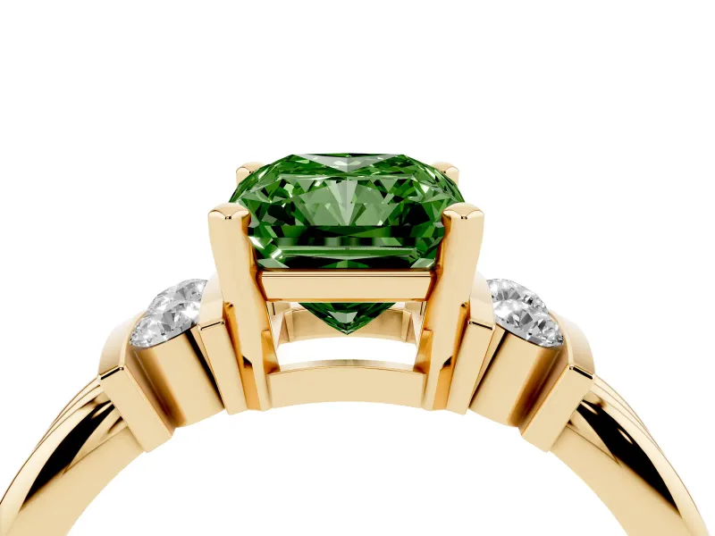 Fancy Green Three-Stone Radiant Cut Diamond Channel Set Ring Set in Yellow gold with Bar Prongs