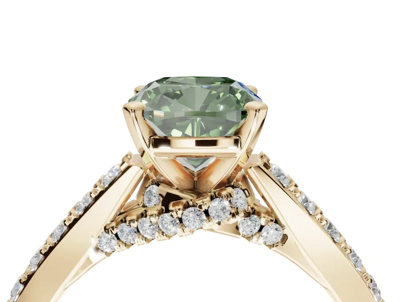 Cushion Cut Pavé Solitaire Engagement Ring Setting for a Fancy Green Lab-Grown Diamond | Crossover Gallery | Yellow Gold