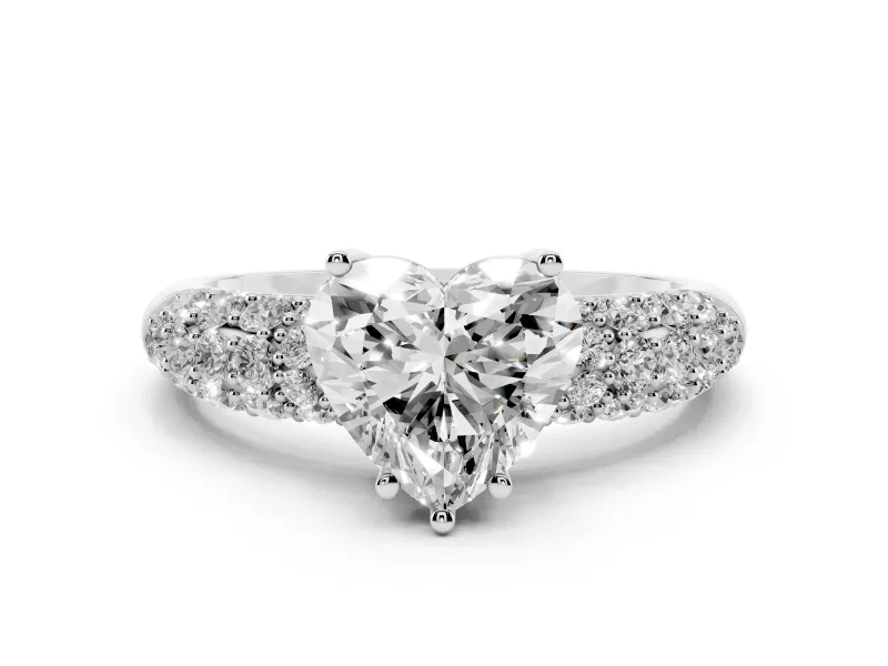 Heart Cut Diamond Pavé Band Solitaire Ring Set in White gold with Close-Set Accent Stones and Prong Setting