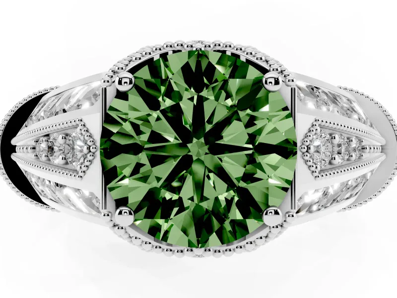 Fancy Green Round Cut Diamond Vintage-Inspired Milgrain Ring Set in Silver with Accent Split Shank
