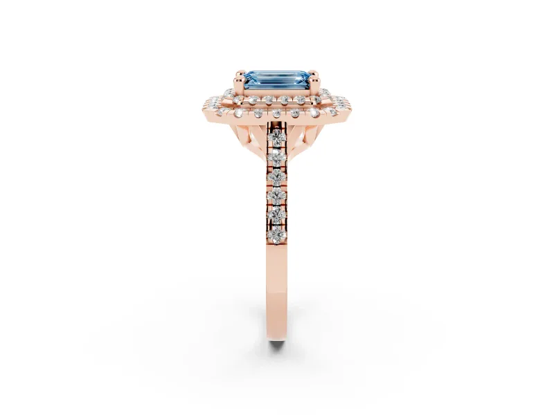 Fancy Blue Emerald Cut Diamond Double Halo Statement Ring Set in Rose gold with Pavé Band