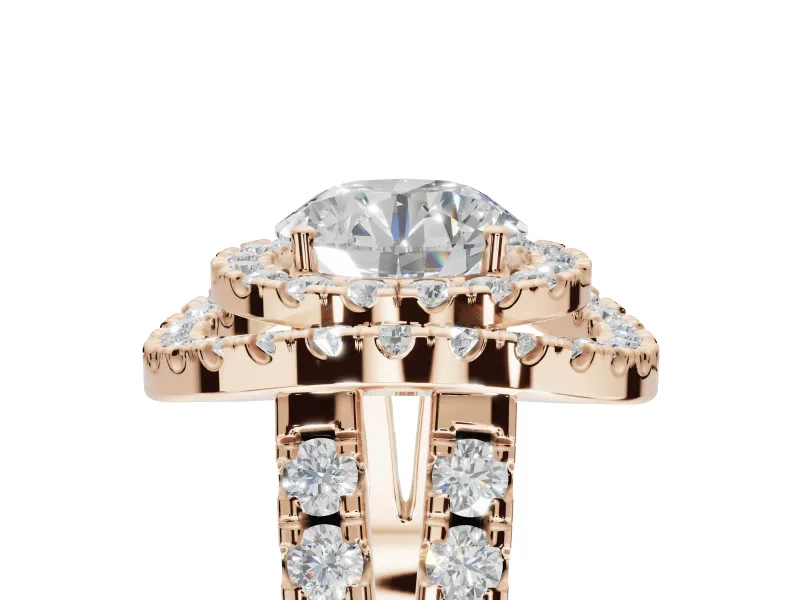Round Double Halo Split Shank Engagement Ring Setting | Multi-Row Pavé | Rose Gold
