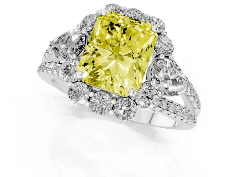 Radiant Cut Scalloped Halo Engagement Ring Setting for a Fancy Yellow Lab-Grown Diamond | Pear Side Stones | Platinum