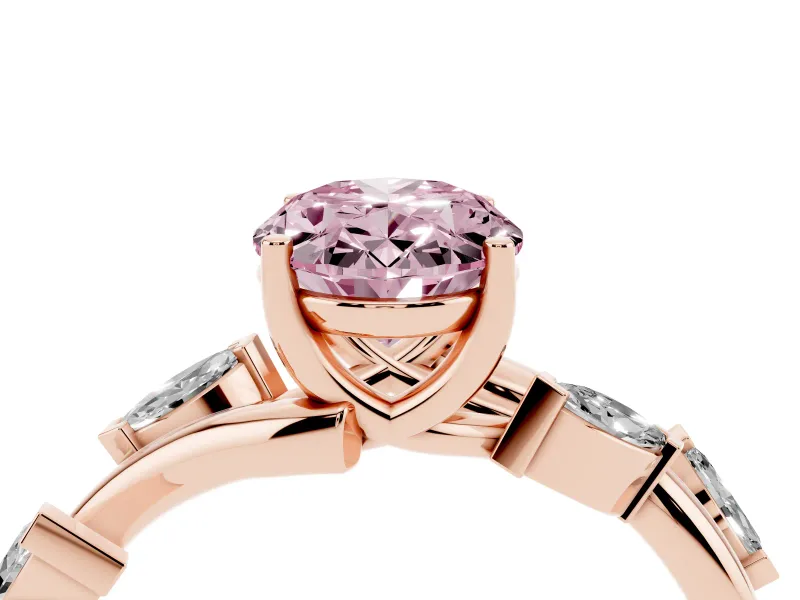 Fancy Pink Oval Cut Diamond Solitaire Ring Set in Rose gold with Twisted Marquise Accent Band