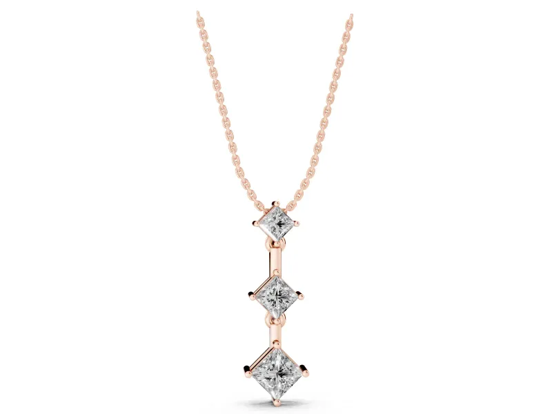 Princess Cut Lab-Grown Diamond Graduated Three-Stone Drop Pendant | Set on Point | Rose Gold