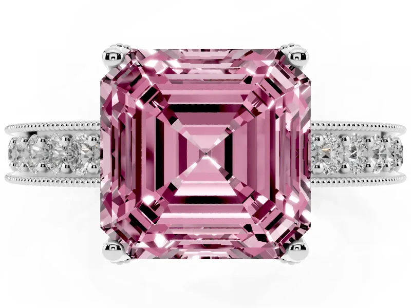 Asscher Cut Hidden Halo Engagement Ring Setting for a Fancy Pink Lab-Grown Diamond | Milgrain Pave | White Gold