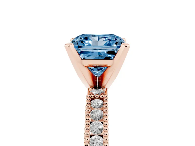 Fancy Blue Princess Cut Diamond Solitaire Ring Set in Rose gold with Slim Pavé Band and Prong Setting