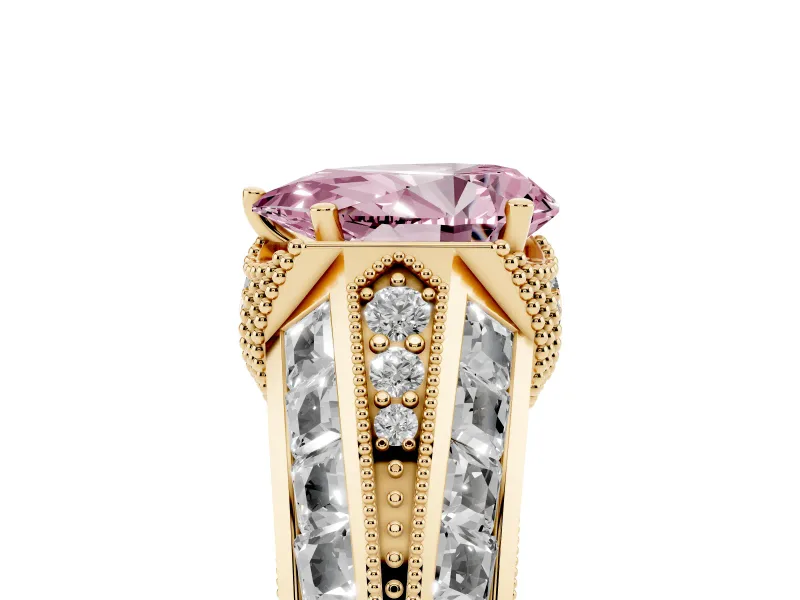 Fancy Pink Pear Cut Diamond Vintage-Inspired Milgrain Ring Set in Yellow gold with Accent Split Shank