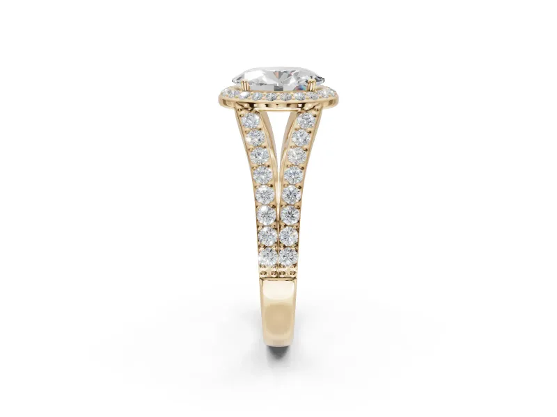 Oval Halo Pavé Engagement Ring Setting | Narrow Split Shank | Yellow Gold