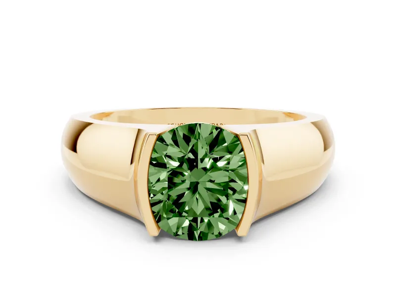 Fancy Green Round Cut Diamond Bezel Solitaire Ring Set in Yellow gold with Wide Band