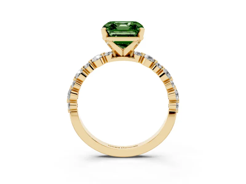Fancy Green Asscher Cut Diamond Prong Set Engagement Ring Set in Yellow gold with Round Accent Pavé Band