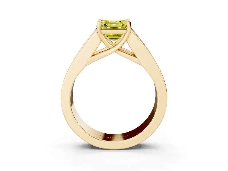 Fancy Yellow Asscher Cut Diamond Solitaire Ring Set in Yellow gold with Channel-Set Accent Stones and Prong Setting