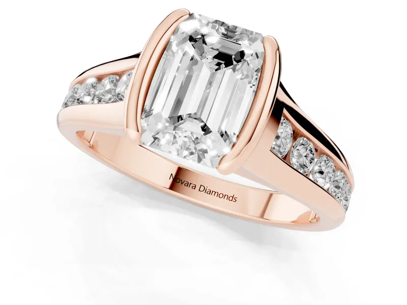 Emerald Cut Half Bezel Solitaire Engagement Ring Setting | Graduated Channel Band | Rose Gold
