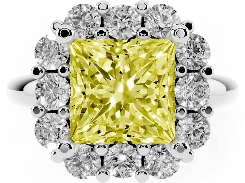Princess Cut Cluster Halo Engagement Ring Setting for a Fancy Yellow Lab-Grown Diamond | Large Round Accents | Platinum