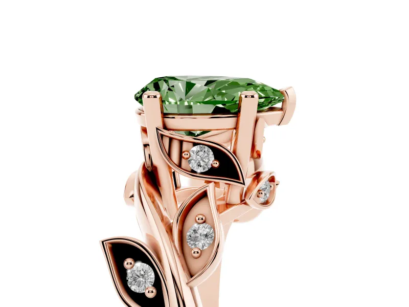 Fancy Green Pear Cut Diamond Solitaire Twist Engagement Ring Set in Rose gold with Pavé Leaf Accents