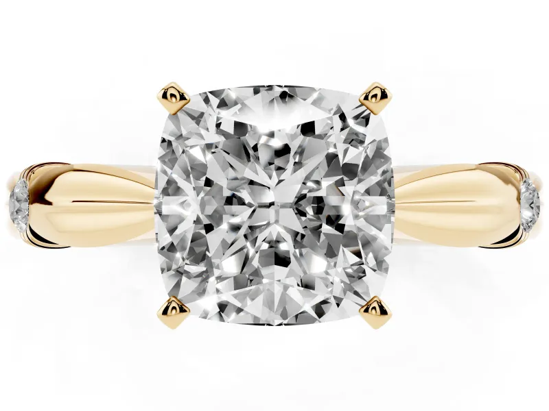 Cushion Cut Diamond Solitaire Twisted Band Ring Set in Yellow gold with Accent Stones and Prong Setting