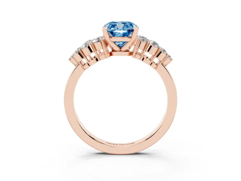 Fancy Blue Cushion Cut Diamond Cluster Engagement Ring Set in Rose gold with Pavé Band and Prong Setting