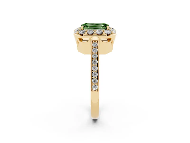 Fancy Green Emerald Cut Diamond Floral Halo Ring Set in Yellow gold with Pavé Band and Prong Setting