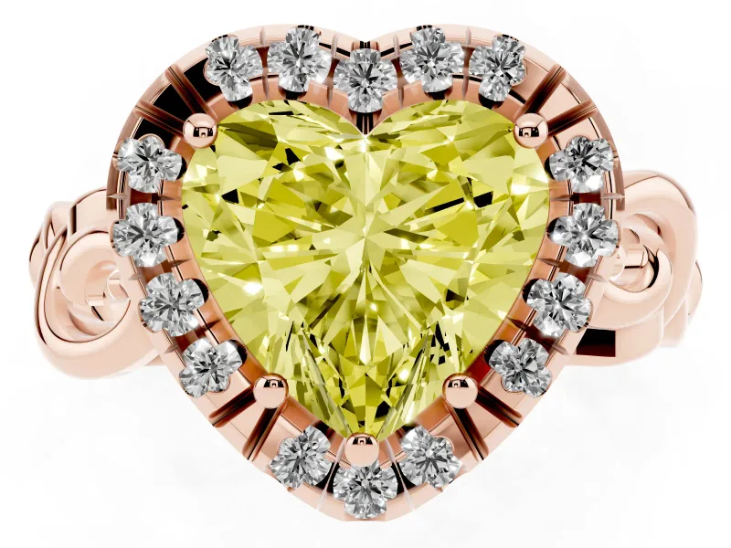 Fancy Yellow Heart Cut Diamond Halo Ring Set in Rose gold with Scrollwork Band and Prong Setting