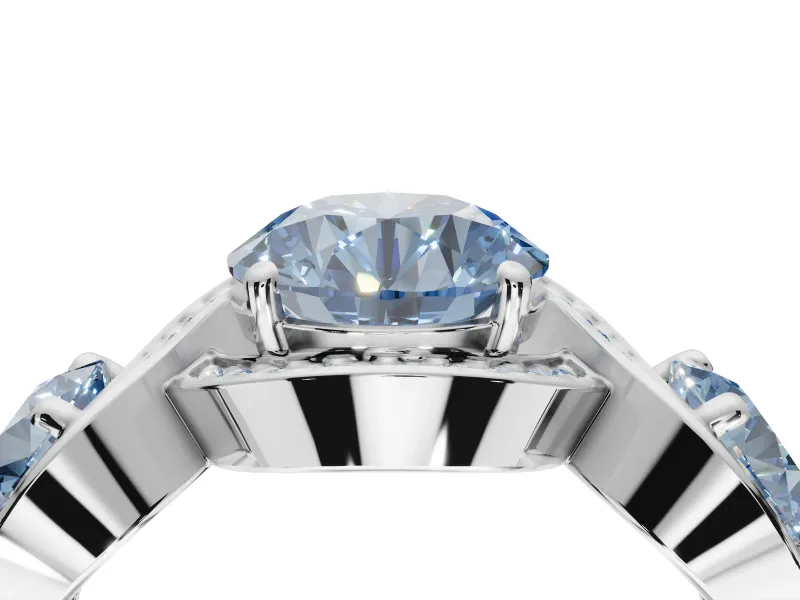 Round Three Stone Halo Engagement Ring Setting for a Fancy Blue Lab-Grown Diamond | Pavé Wave Band | Sterling Silver