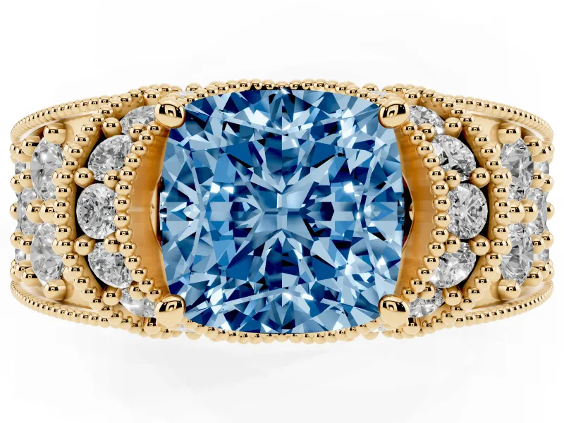 Cushion Cut Vintage Pave Engagement Ring Setting for a Fancy Blue Lab-Grown Diamond | Milgrain Edges | Yellow Gold