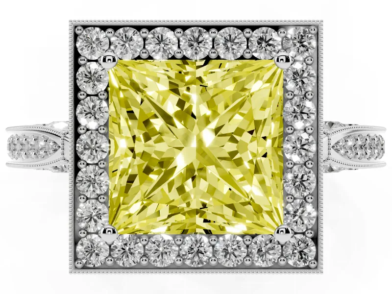 Princess Cut Milgrain Halo Engagement Ring Setting for a Fancy Yellow Lab-Grown Diamond | Side Stones | Sterling Silver