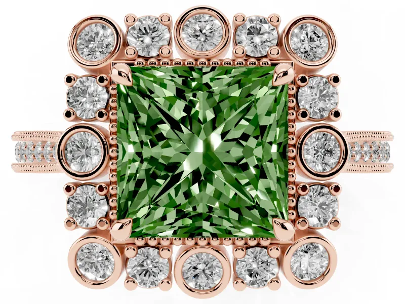Princess Cut Scalloped Halo Engagement Ring Setting for a Fancy Green Lab-Grown Diamond | Milgrain Edges | Rose Gold