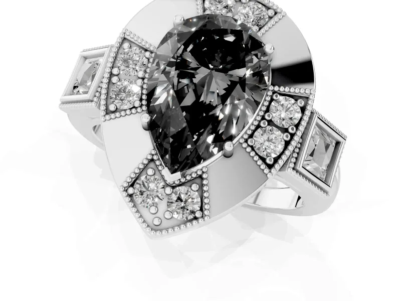 Fancy Black Pear Cut Diamond Milgrain Halo Ring Set in Silver with Split Shank