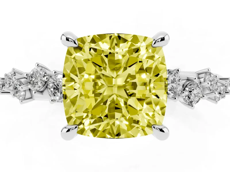 Fancy Yellow Cushion Cut Diamond Solitaire Vine Band Ring Set in White gold with Round Accents and Prong Setting