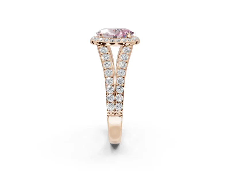 Oval Halo Pavé Engagement Ring Setting for a Fancy Pink Lab-Grown Diamond | Narrow Split Shank | Rose Gold