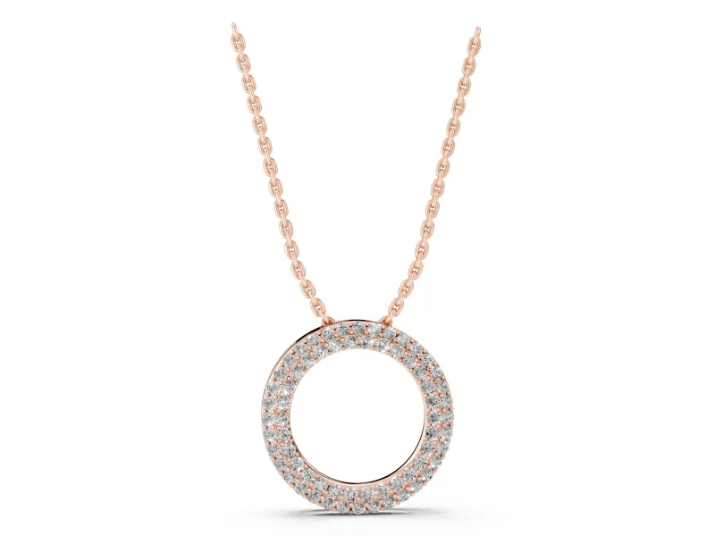 Round Lab-Grown Diamond Double Row Pavé Circle Pendant Necklace | Polished Rim | Rose Gold