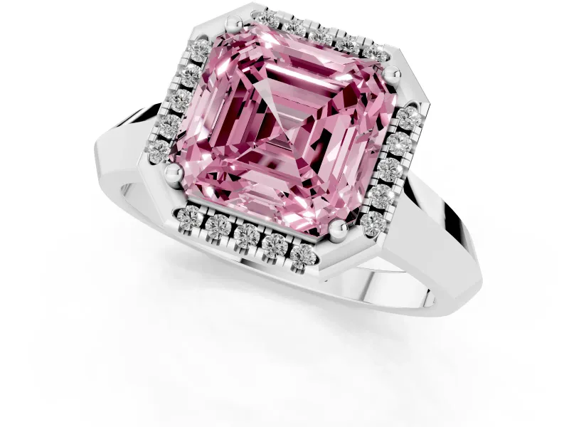 Fancy Pink Asscher Cut Diamond Halo Ring Set in Silver with Cathedral Band and Prong Setting