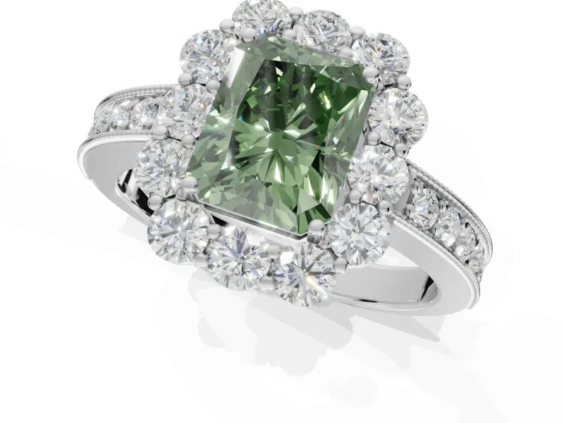 Radiant Cut Vintage Halo Engagement Ring Setting for a Fancy Green Lab-Grown Diamond | Sterling Silver