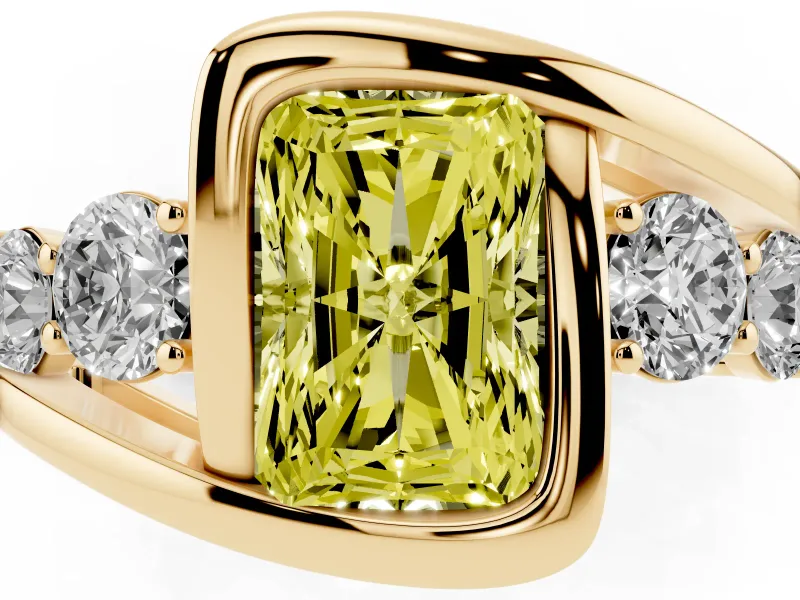 Fancy Yellow Radiant Cut Diamond Bezel Bypass Ring Set in Yellow gold with Round Accents