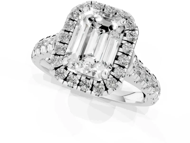 Emerald Cut Halo Engagement Ring Setting | Shared Prong Shoulders | White Gold