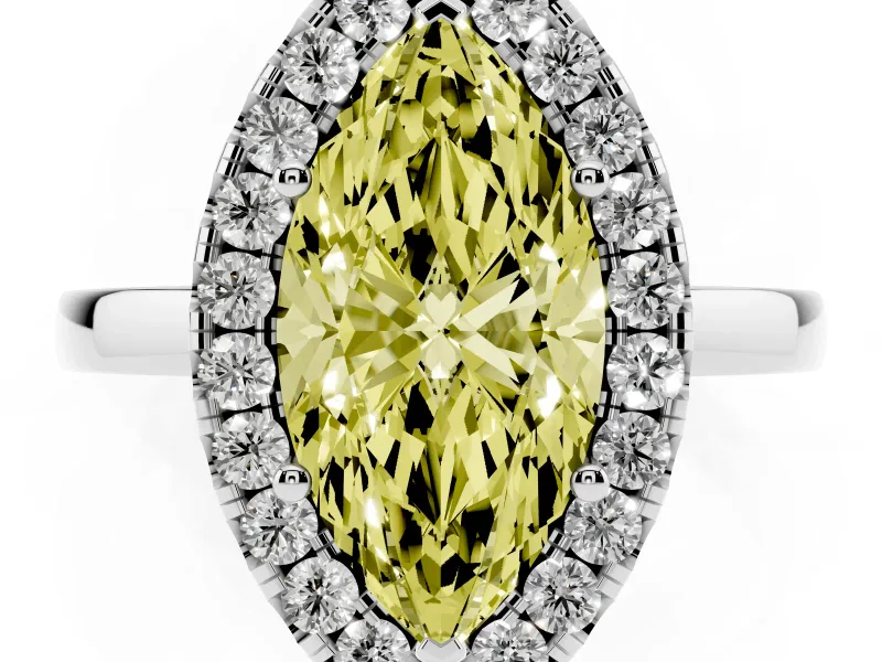 Fancy Yellow Marquise Cut Diamond Halo Solitaire Ring Set in White gold with Pavé Band and Prong Setting
