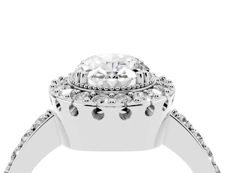 Oval Cut Diamond Halo Ring Set in Platinum with Pavé Shank and Prong Setting