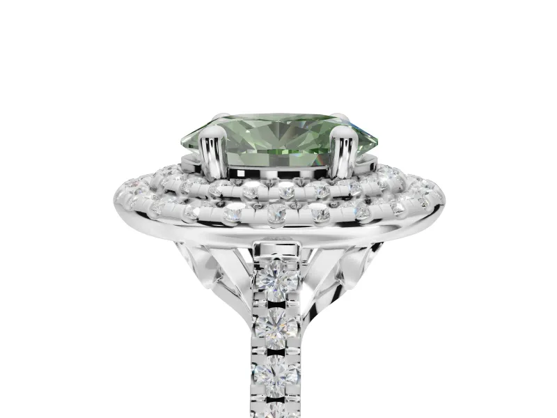 Oval Double Halo Engagement Ring Setting for a Fancy Green Lab-Grown Diamond | Pave Shoulders | Platinum