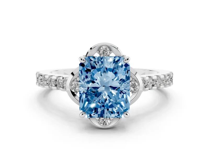 Fancy Blue Radiant Cut Diamond Solitaire Ring Set in Platinum with Pavé Band and Floral Prong Setting