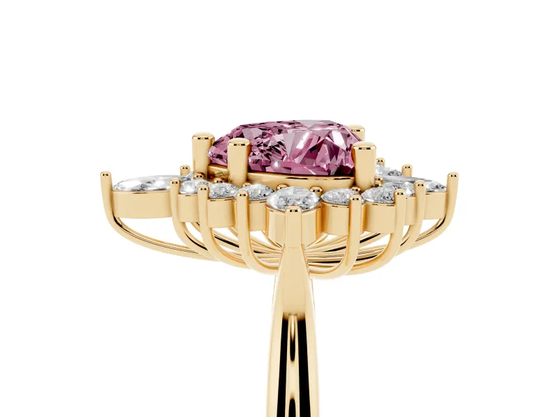 Fancy Pink Heart Cut Diamond Cluster Halo Ring Set in Yellow gold with Marquise and Round Accents