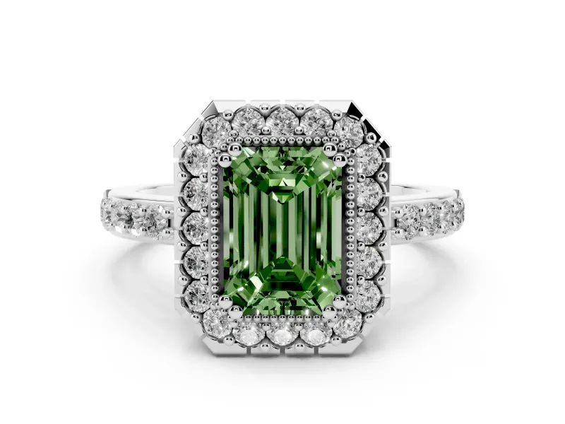 Fancy Green Emerald Cut Diamond Halo Ring Set in Silver with Pavé Shank and Prong Setting