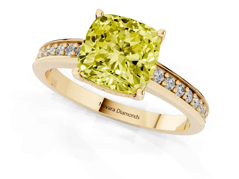 Cushion Cut Pave Solitaire Engagement Ring Setting for a Fancy Yellow Lab-Grown Diamond | Accented Basket | Yellow Gold