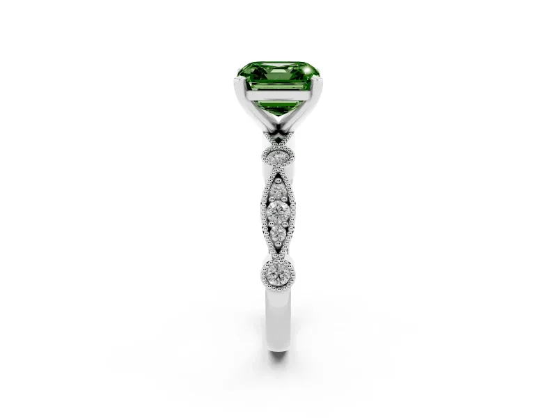 Fancy Green Asscher Cut Diamond Solitaire Engagement Ring Set in Platinum with Milgrain Bezel Accent Band