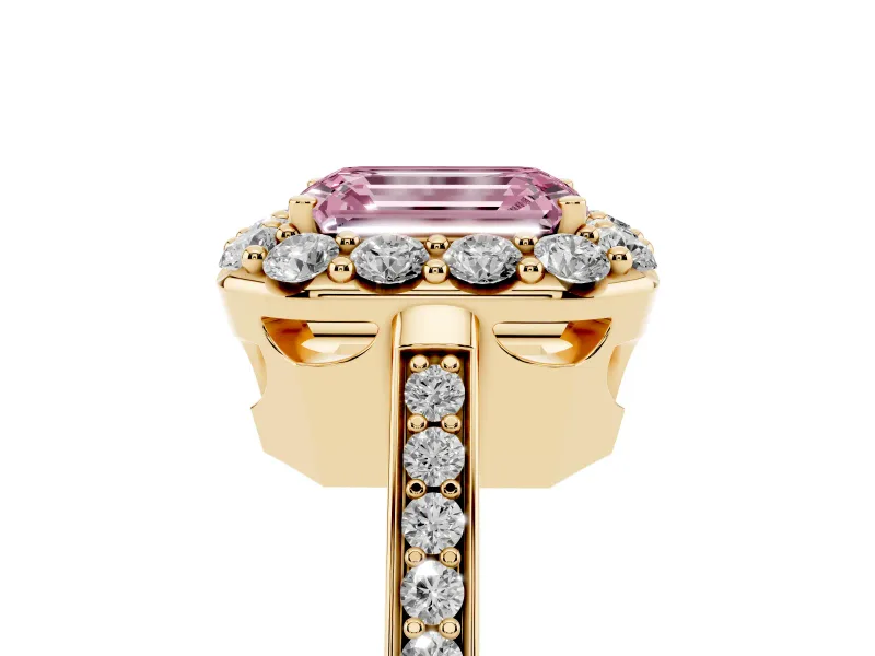 Emerald Cut Floral Halo Engagement Ring Setting for a Fancy Pink Lab-Grown Diamond | Large Round Accents | Yellow Gold