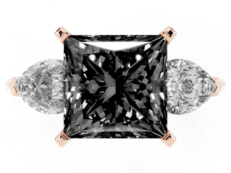 Fancy Black Three-Stone Princess Cut Diamond Ring Set in Rose gold with Pear Side Stones and Prong Setting